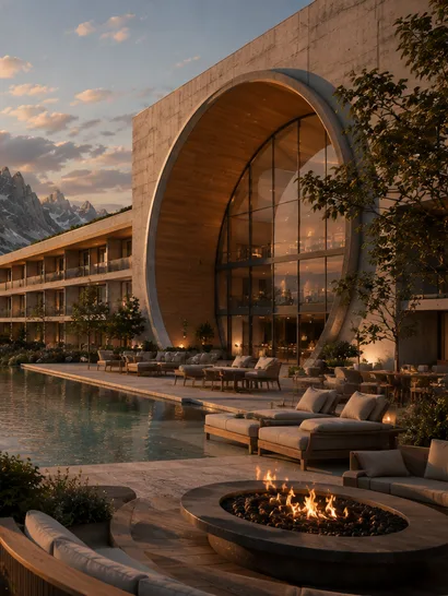 Terrace pool with fire pit at dusk
